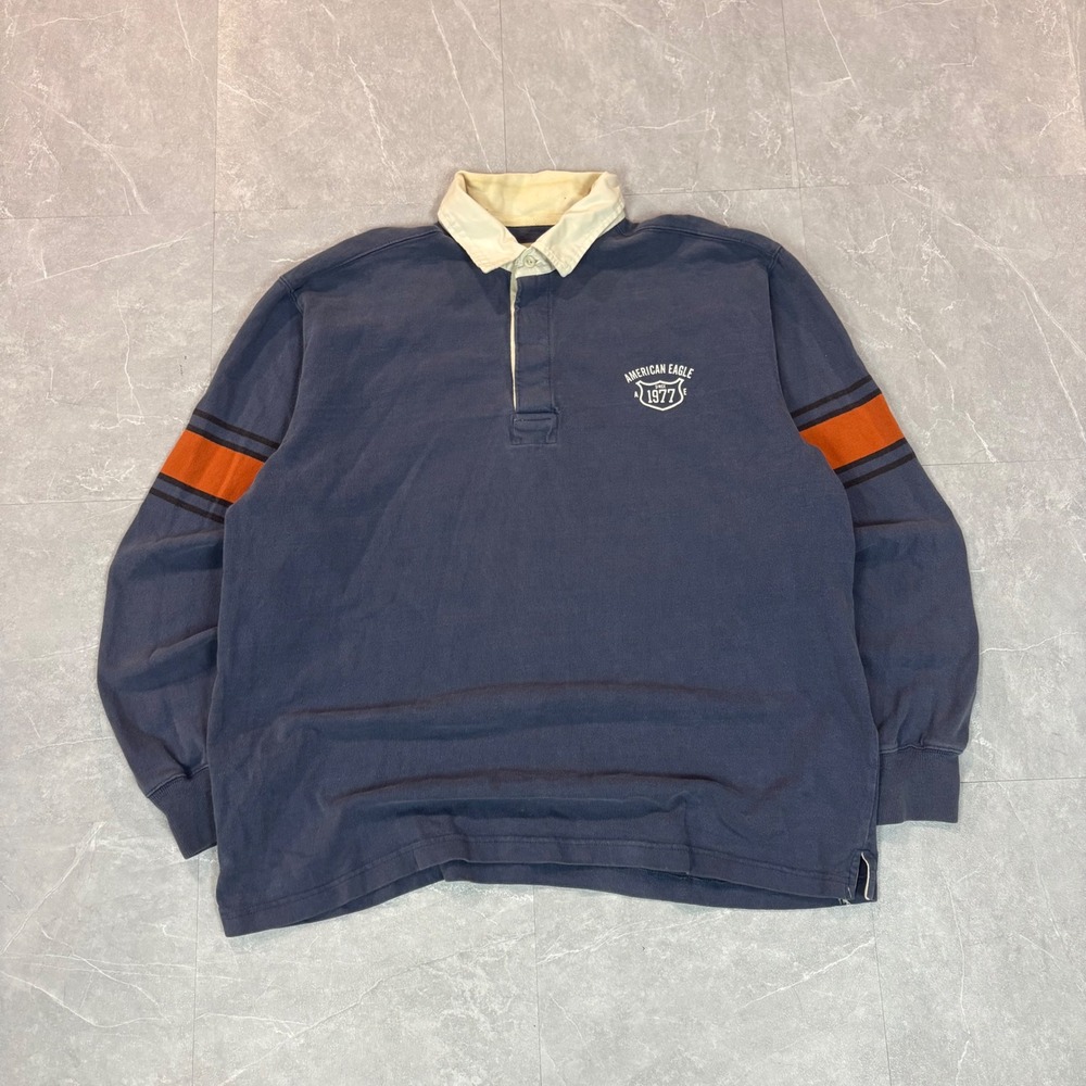 American Eagle Vintage Rugby Shirt Mens Large Navy Blue‎ Orange Stripe 1977 Logo